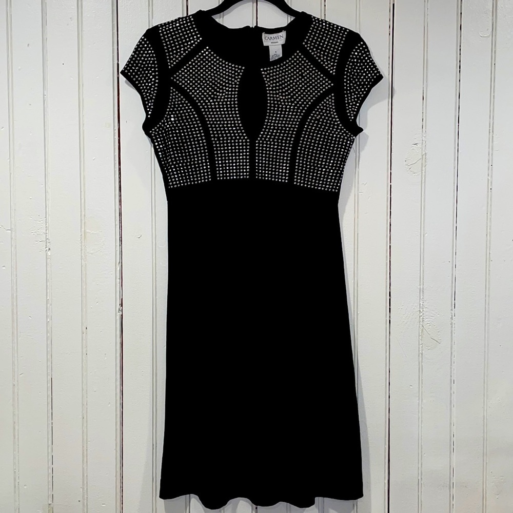 Carmen Marc Valvo Black Silver Studded Sheath Dress